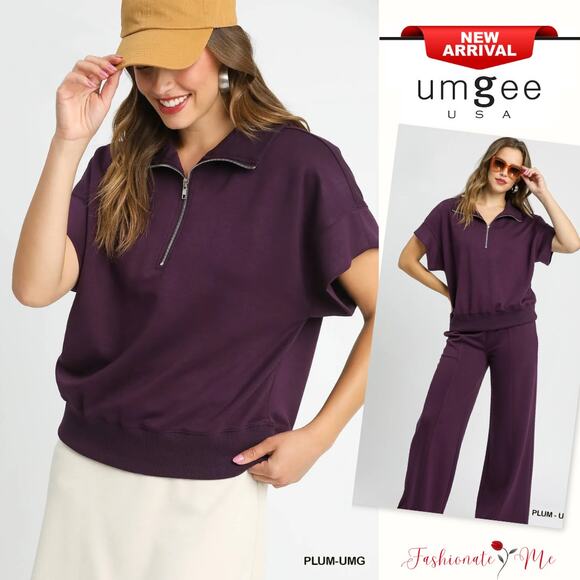 Umgee Half Length Zipper Design Short Sleeves Relaxed Fit Sweatshirt | Plum - Picture 1 of 5